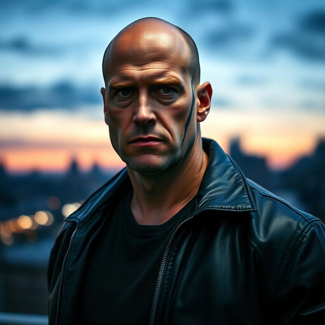 A tall bald man with a prominent vertical scar running down the right side of his face, wearing a black leather jacket and standing confidently against an urban background