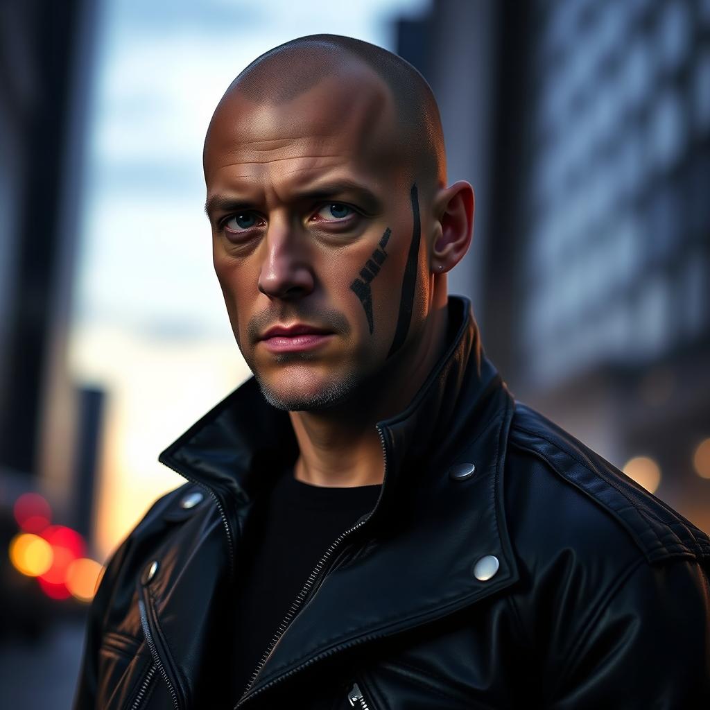 A tall bald man with a prominent vertical scar running down the right side of his face, wearing a black leather jacket and standing confidently against an urban background