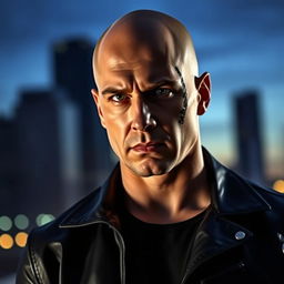 A tall bald man with a prominent vertical scar running down the right side of his face, wearing a black leather jacket and standing confidently against an urban background
