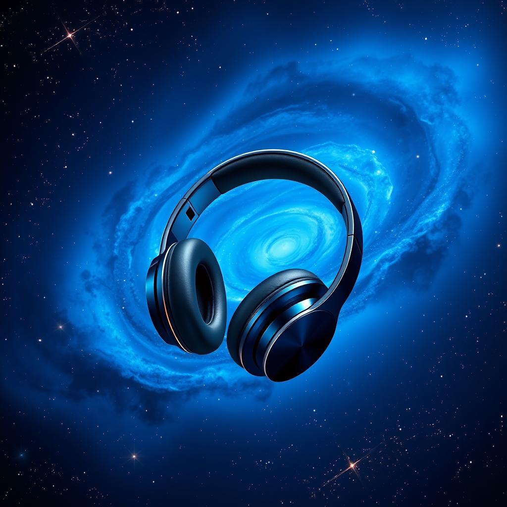 A beautifully designed headphone floating in the center of a stunning blue galaxy filled with swirling stars and nebulae