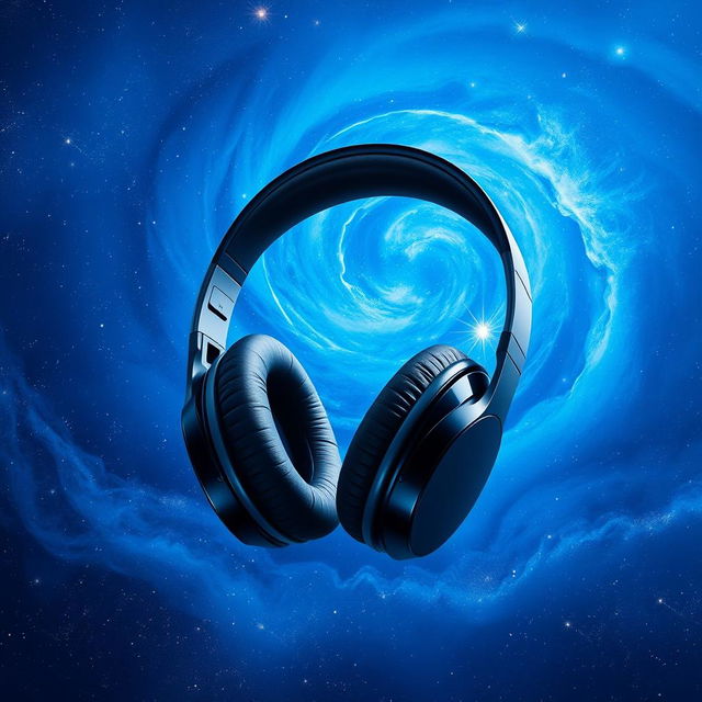 A beautifully designed headphone floating in the center of a stunning blue galaxy filled with swirling stars and nebulae