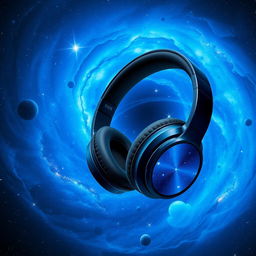 A beautifully designed headphone floating in the center of a stunning blue galaxy filled with swirling stars and nebulae