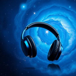 A beautifully designed headphone floating in the center of a stunning blue galaxy filled with swirling stars and nebulae
