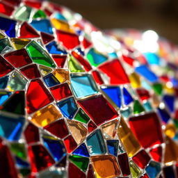 A close-up shot of broken mosaic glasses, featuring a colorful array of shattered glass pieces in various shapes and sizes