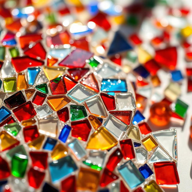 A close-up shot of broken mosaic glasses, featuring a colorful array of shattered glass pieces in various shapes and sizes