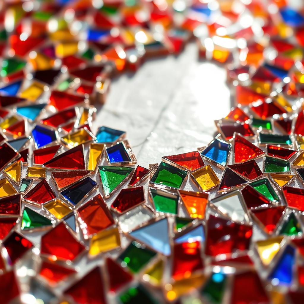 A close-up shot of broken mosaic glasses, featuring a colorful array of shattered glass pieces in various shapes and sizes