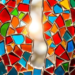 A close-up shot of broken mosaic glasses, featuring a colorful array of shattered glass pieces in various shapes and sizes