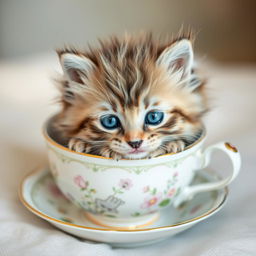 A close-up photograph of a cute, fluffy kitten nestled comfortably in a delicate teacup, presenting an adorable and heartwarming scene, ideal for a pet store logo