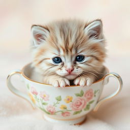 A close-up photograph of a cute, fluffy kitten nestled comfortably in a delicate teacup, presenting an adorable and heartwarming scene, ideal for a pet store logo