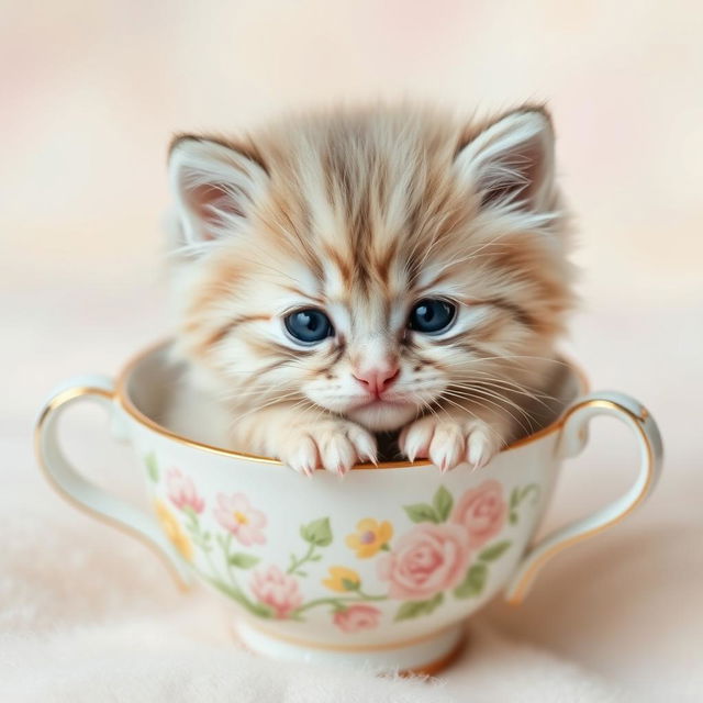 A close-up photograph of a cute, fluffy kitten nestled comfortably in a delicate teacup, presenting an adorable and heartwarming scene, ideal for a pet store logo