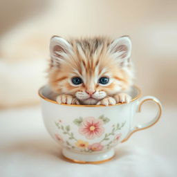 A close-up photograph of a cute, fluffy kitten nestled comfortably in a delicate teacup, presenting an adorable and heartwarming scene, ideal for a pet store logo