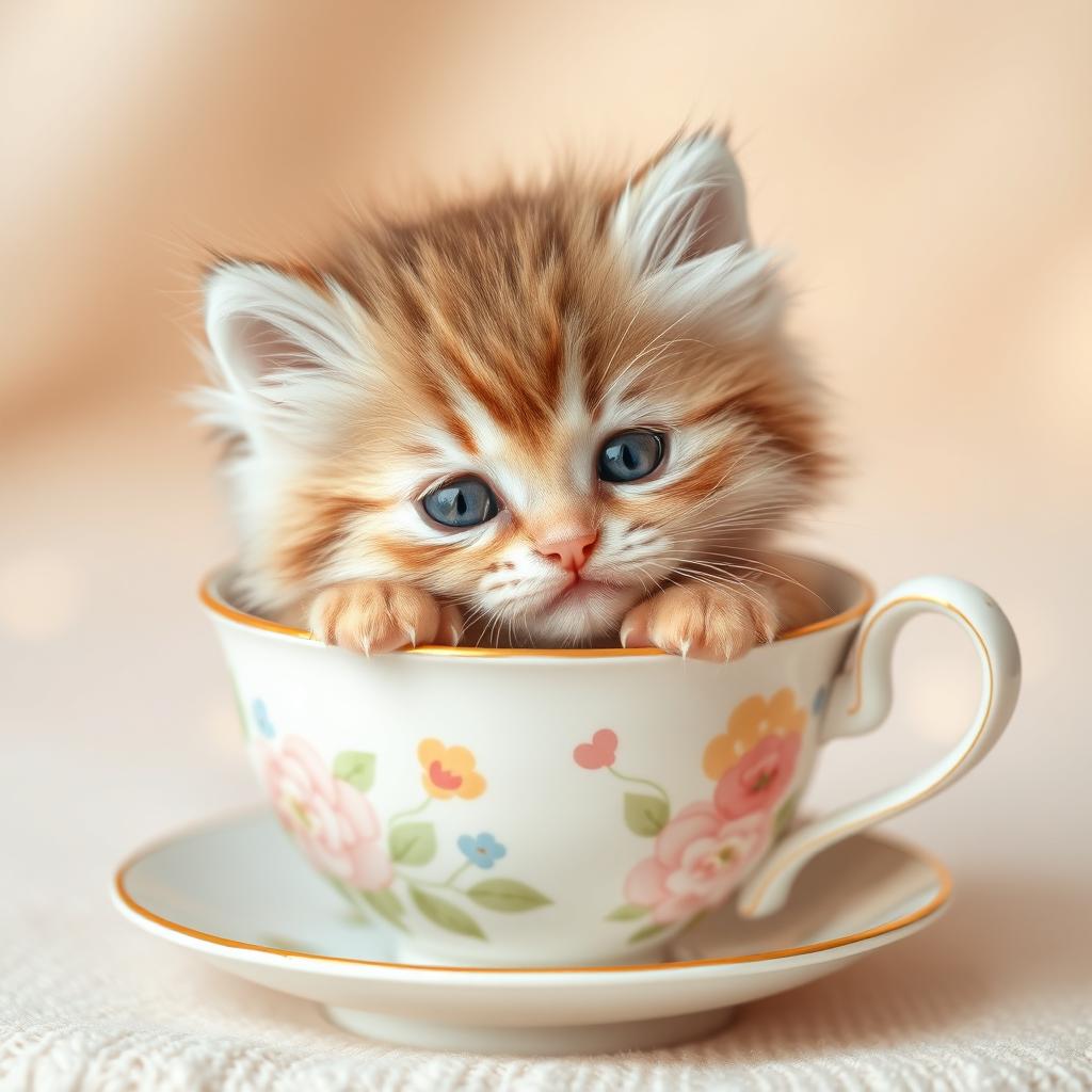 A close-up photograph of a cute, fluffy kitten nestled comfortably in a delicate teacup, presenting an adorable and heartwarming scene, ideal for a pet store logo