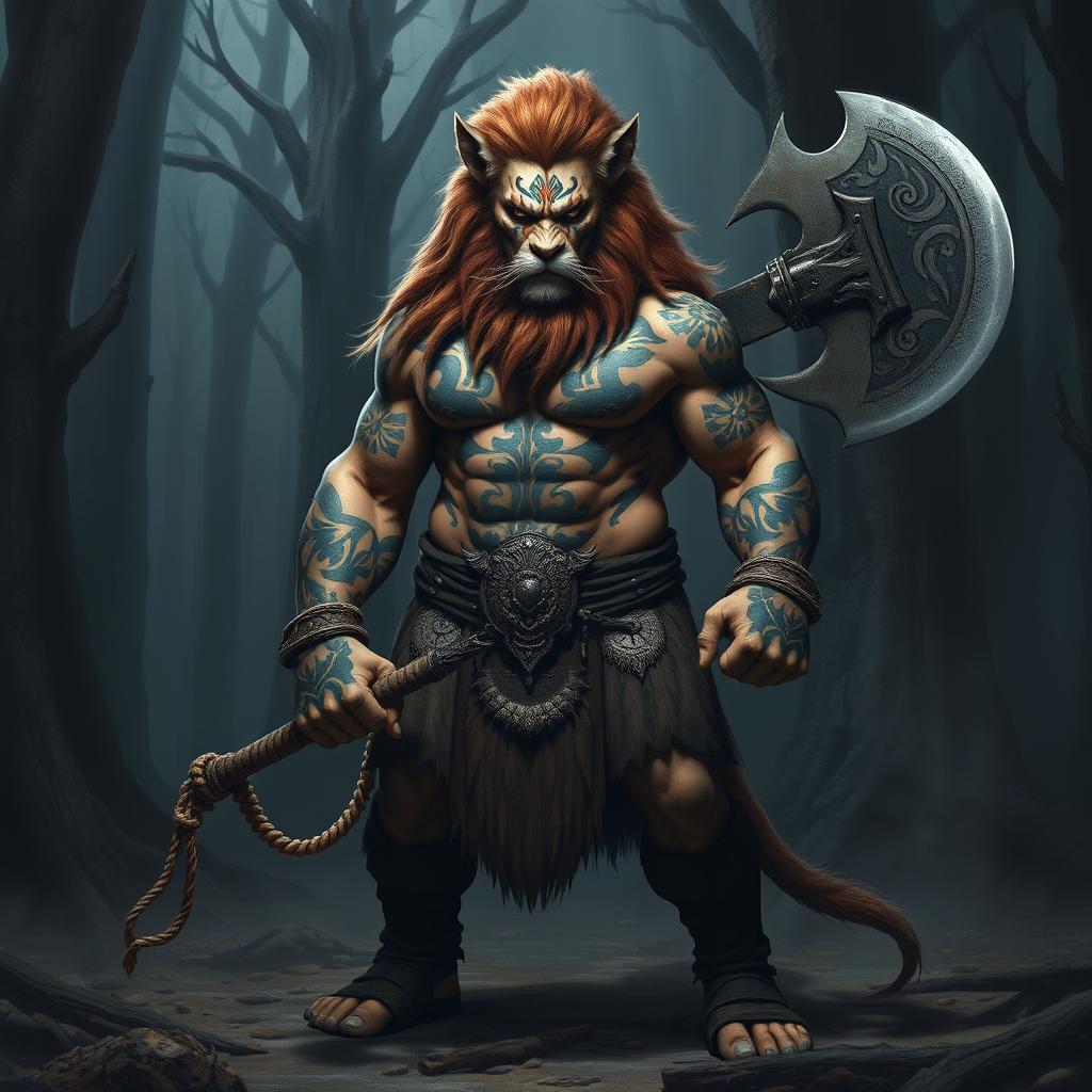 A fierce and imposing half-human, half-lion barbarian standing tall, showcasing an elaborate design of tribal war paint across his face and body