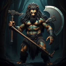 A fierce and imposing half-human, half-lion barbarian standing tall, showcasing an elaborate design of tribal war paint across his face and body