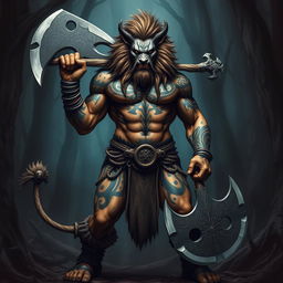 A fierce and imposing half-human, half-lion barbarian standing tall, showcasing an elaborate design of tribal war paint across his face and body