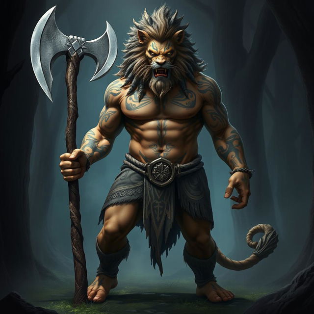 A fierce and imposing half-human, half-lion barbarian standing tall, showcasing an elaborate design of tribal war paint across his face and body