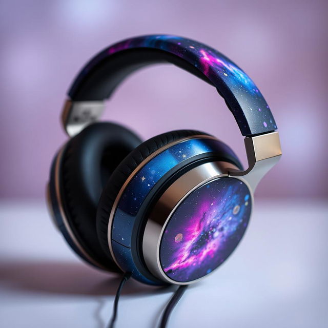 A stylish headphone design featuring galaxy-themed graphics wrapped around its earcup handles