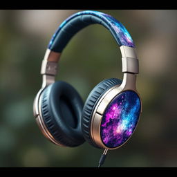 A stylish headphone design featuring galaxy-themed graphics wrapped around its earcup handles
