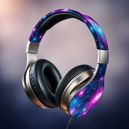 A stylish headphone design featuring galaxy-themed graphics wrapped around its earcup handles