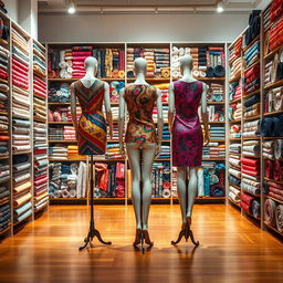 A scene showcasing the back view of a stylish fabric store, with two mannequins placed in the upper left and upper right corners, and a single mannequin positioned elegantly in the middle of the store