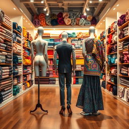 A scene showcasing the back view of a stylish fabric store, with two mannequins placed in the upper left and upper right corners, and a single mannequin positioned elegantly in the middle of the store