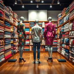 A scene showcasing the back view of a stylish fabric store, with two mannequins placed in the upper left and upper right corners, and a single mannequin positioned elegantly in the middle of the store