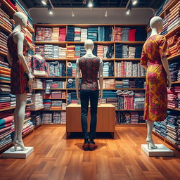 A scene showcasing the back view of a stylish fabric store, with two mannequins placed in the upper left and upper right corners, and a single mannequin positioned elegantly in the middle of the store