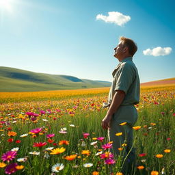 A serene landscape depicting a world of peace, featuring the last lonely man standing in a vast field of vibrant wildflowers under a clear blue sky