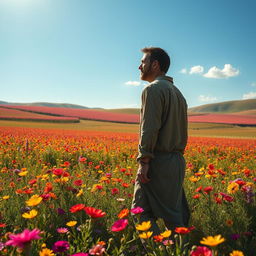 A serene landscape depicting a world of peace, featuring the last lonely man standing in a vast field of vibrant wildflowers under a clear blue sky