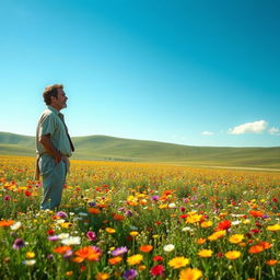 A serene landscape depicting a world of peace, featuring the last lonely man standing in a vast field of vibrant wildflowers under a clear blue sky