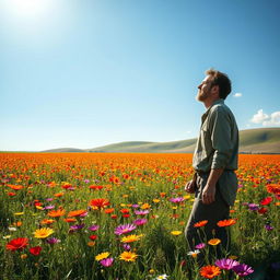 A serene landscape depicting a world of peace, featuring the last lonely man standing in a vast field of vibrant wildflowers under a clear blue sky