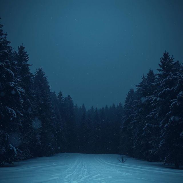 A dark winter landscape featuring heavy snowfall, with an ominous atmosphere