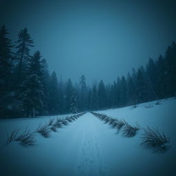A dark winter landscape featuring heavy snowfall, with an ominous atmosphere