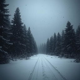 A dark winter landscape featuring heavy snowfall, with an ominous atmosphere