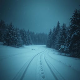 A dark winter landscape featuring heavy snowfall, with an ominous atmosphere