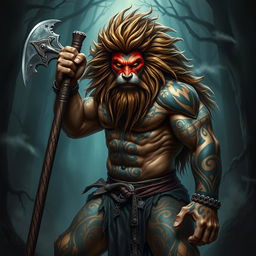 An imposing half-human, half-lion barbarian, exuding an aura of evil and power, stands fiercely with a great axe in one hand