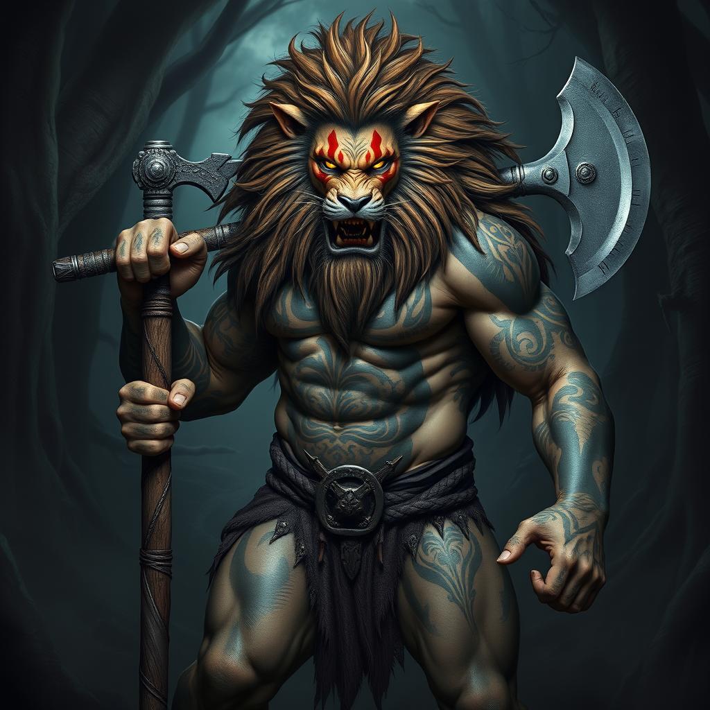 An imposing half-human, half-lion barbarian, exuding an aura of evil and power, stands fiercely with a great axe in one hand