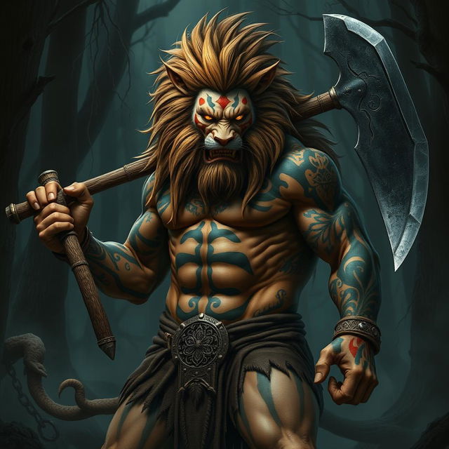 An imposing half-human, half-lion barbarian, exuding an aura of evil and power, stands fiercely with a great axe in one hand