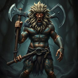 An imposing half-human, half-lion barbarian, exuding an aura of evil and power, stands fiercely with a great axe in one hand