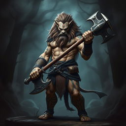 A formidable half-human, half-lion barbarian standing stoically, exuding an aura of evil and power