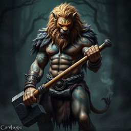 A formidable half-human, half-lion barbarian standing stoically, exuding an aura of evil and power