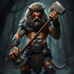 A formidable half-human, half-lion barbarian standing stoically, exuding an aura of evil and power