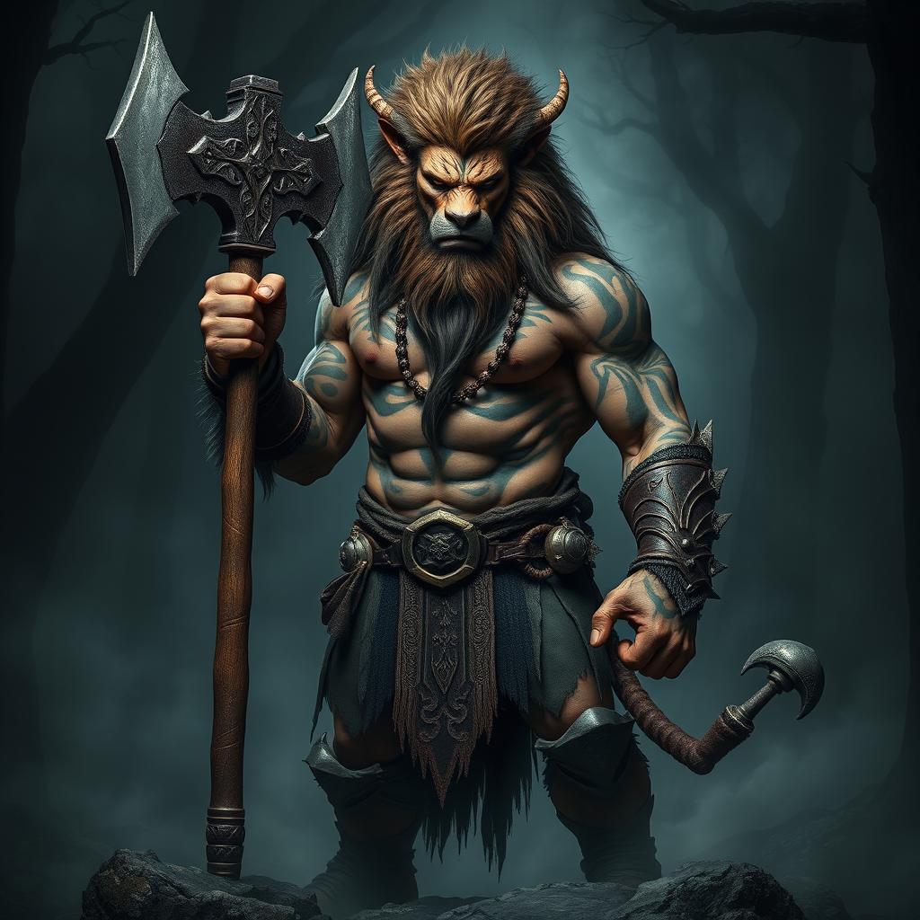 A formidable half-human, half-lion barbarian standing stoically, exuding an aura of evil and power