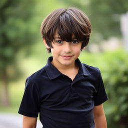 A cute teenage boy with curtain bangs, wearing a tight black golf shirt that subtly highlights his athletic build