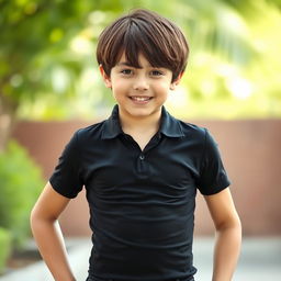 A cute teenage boy with curtain bangs, wearing a tight black golf shirt that subtly highlights his athletic build