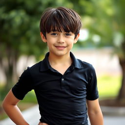 A cute teenage boy with curtain bangs, wearing a tight black golf shirt that subtly highlights his athletic build