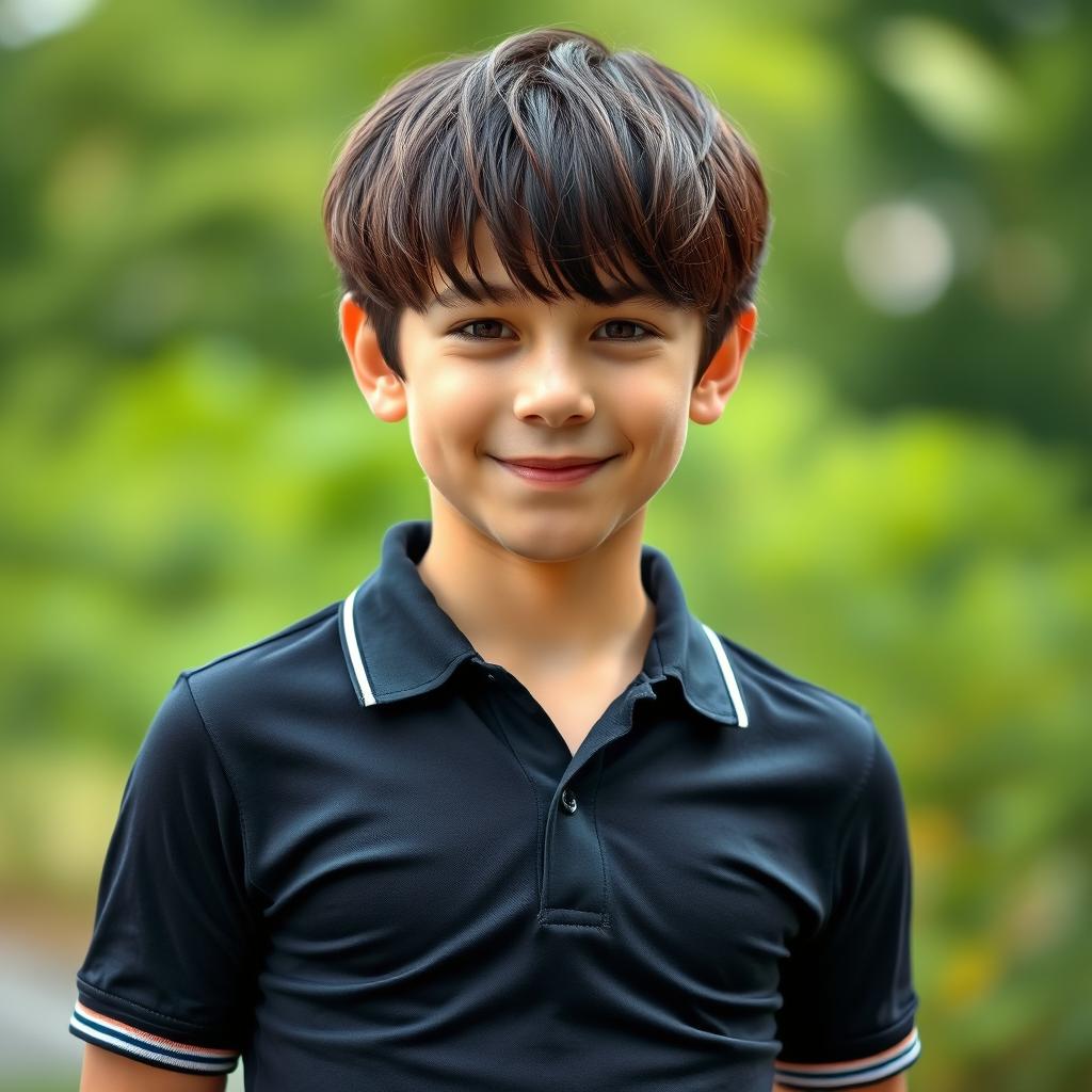 A cute teenage boy with curtain bangs, wearing a tight black golf shirt that subtly highlights his athletic build