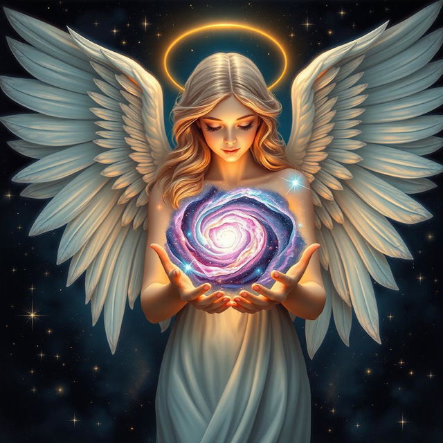 A stunningly beautiful angel with flowing, ethereal wings, cradling a bright, colorful galaxy in her delicate hands