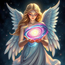 A stunningly beautiful angel with flowing, ethereal wings, cradling a bright, colorful galaxy in her delicate hands