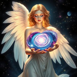 A stunningly beautiful angel with flowing, ethereal wings, cradling a bright, colorful galaxy in her delicate hands